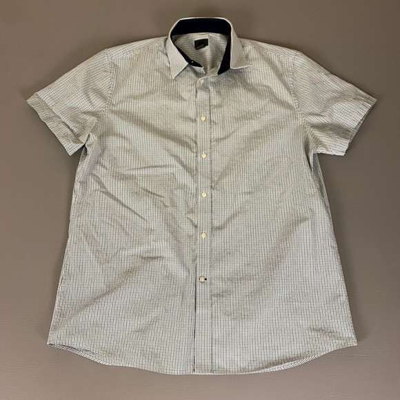 HM Short‎ Sleeve Button Up Casual Shirt Men's Size XL Striped Blue Green - Picture 1 of 11